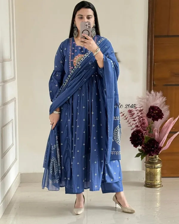 Latest And Trending Cotton Printed Anarkali And Pant With Dupatta Set ( Blue )