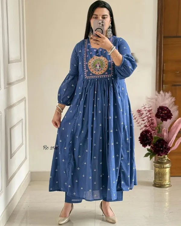 Latest And Trending Cotton Printed Anarkali And Pant With Dupatta Set ( Blue )