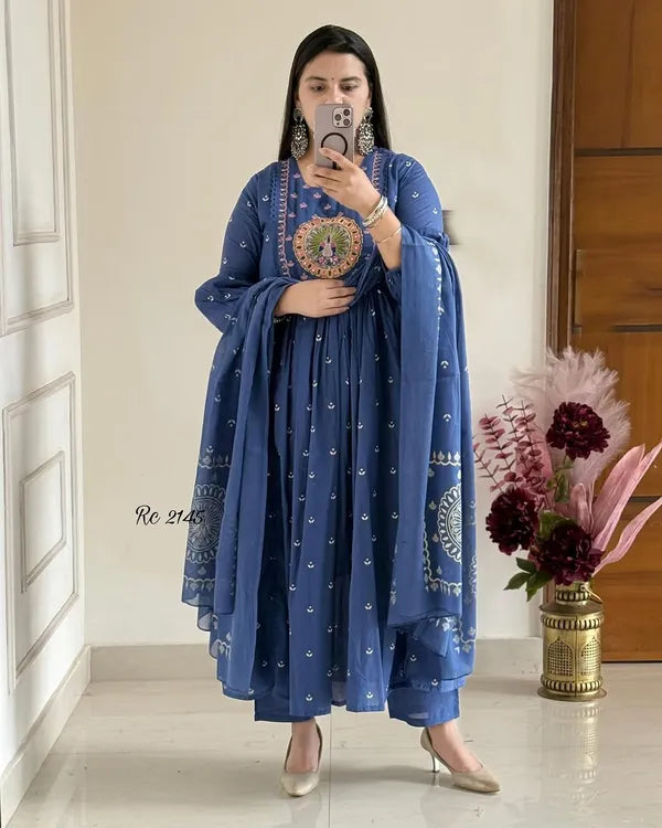 Latest And Trending Cotton Printed Anarkali And Pant With Dupatta Set ( Blue )