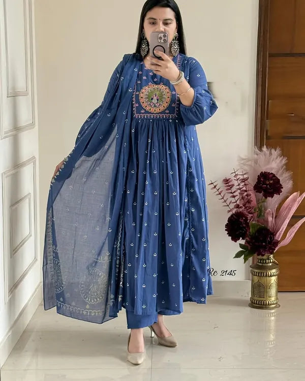 Latest And Trending Cotton Printed Anarkali And Pant With Dupatta Set ( Blue )