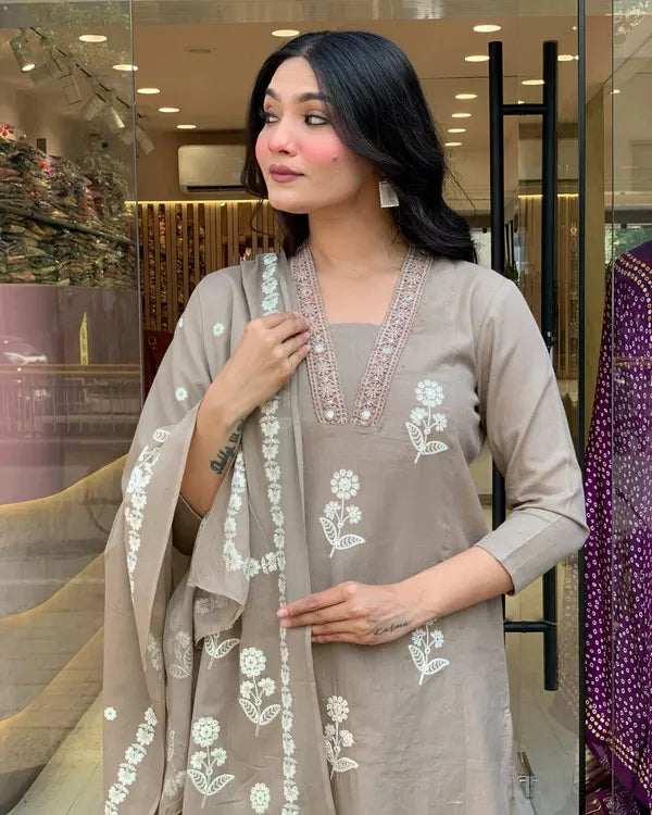 Women Beige Design Cotton Straight Suit With Dupatta