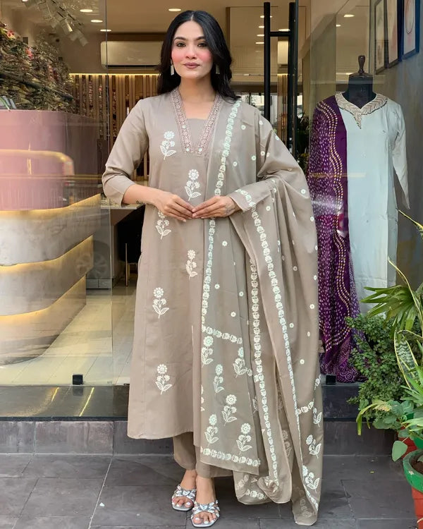 Women Beige Design Cotton Straight Suit With Dupatta