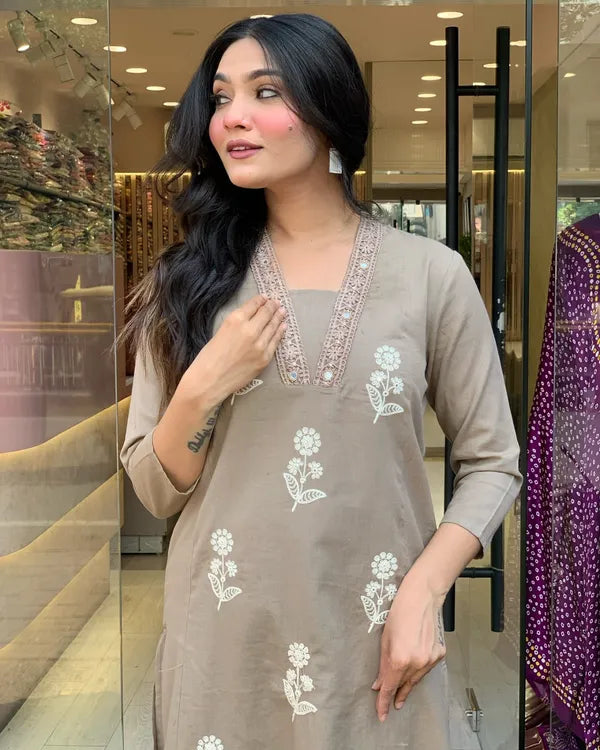 Women Beige Design Cotton Straight Suit With Dupatta