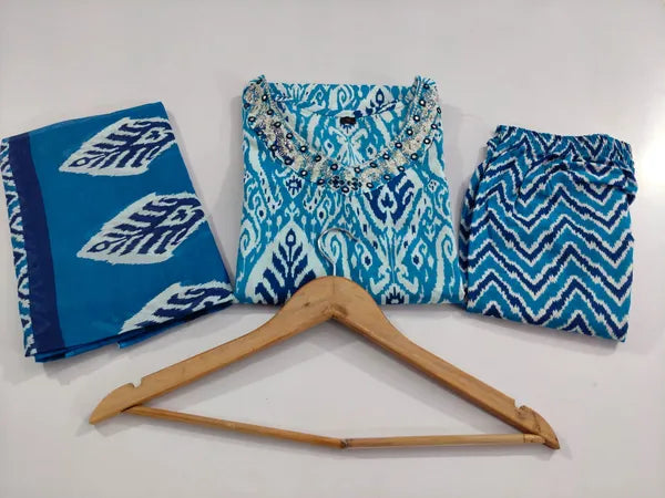 Blue Designer Ekka Print With Kurti Paint And Dupatta Set