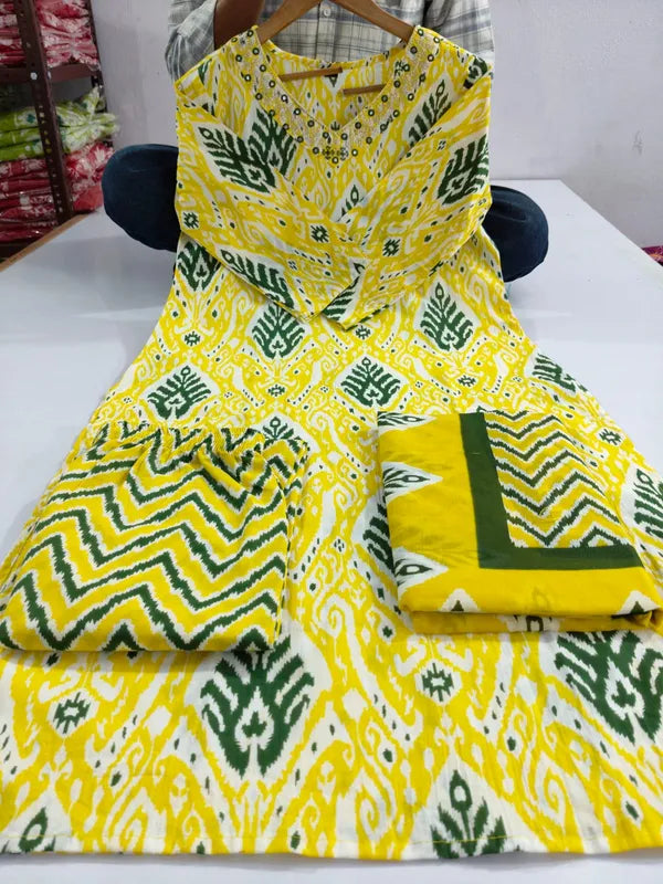 Yellow Designer Ekka Print With Kurti Paint And Dupatta Set