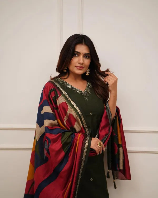 Green Embroider and Zari Work Cotton Straight Suit Set with Heavy Silk Dupatta