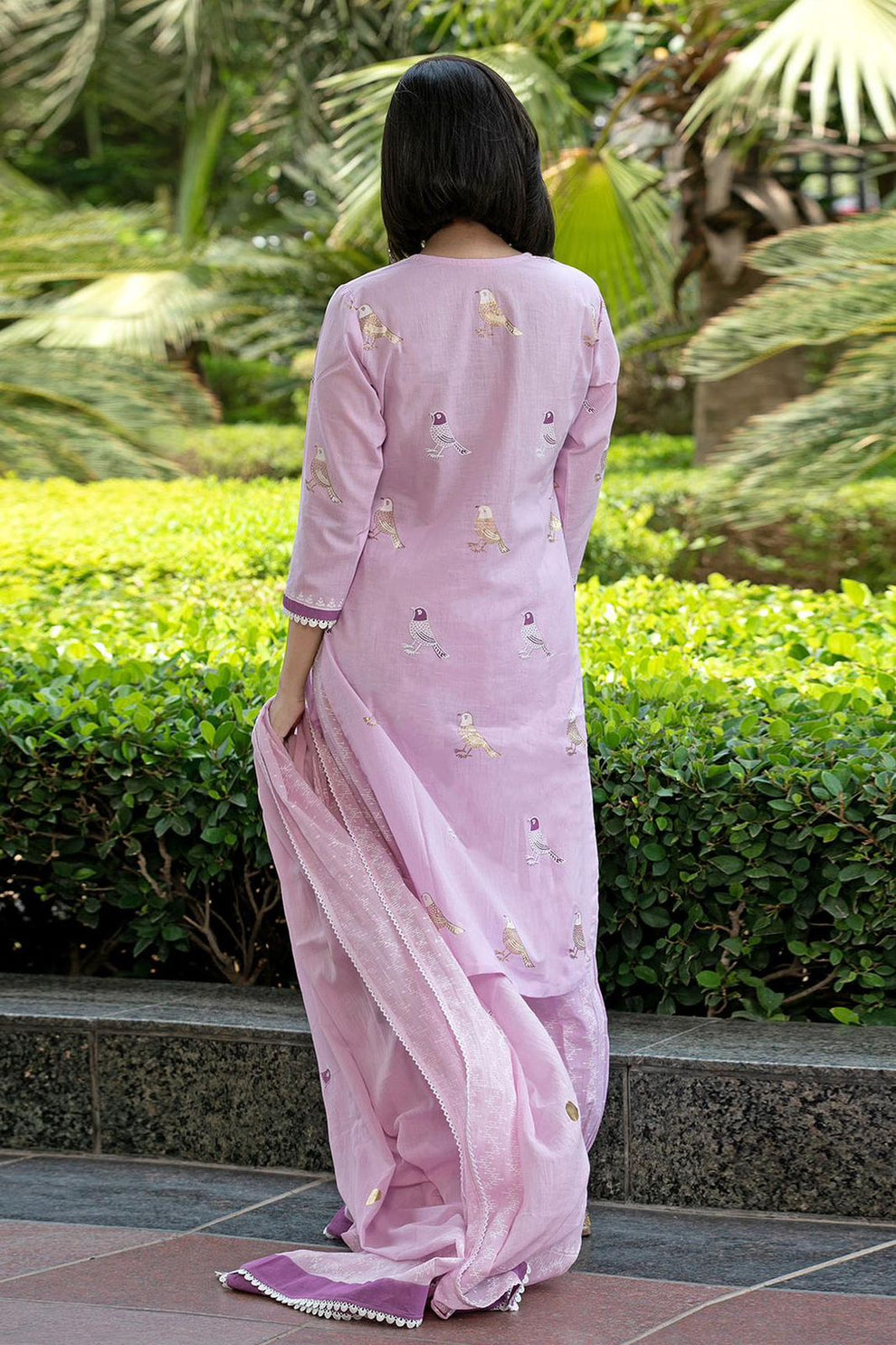 Bird Printed Cotton Kurta And Pant Set With Dupatta Set