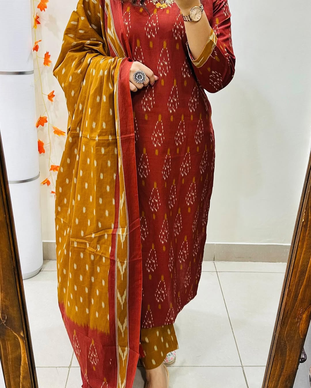 Red Designer Ekka Print With Kurti Paint And Dupatta Set