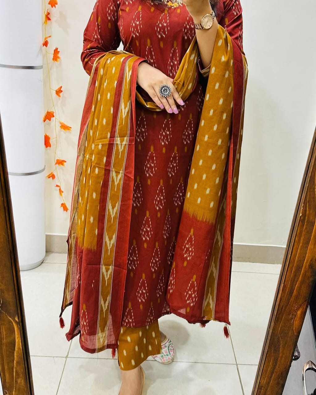 Red Designer Ekka Print With Kurti Paint And Dupatta Set