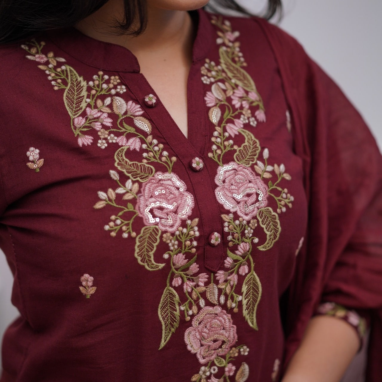 Libas India Cotton Maroon Embroidered Kurta Pant And Dupatta Set