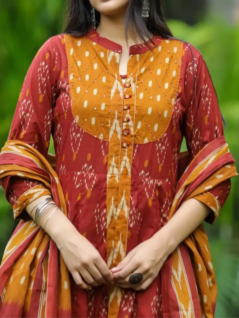 Red Designer Ekka Print With Anarkali Pant And Dupatta Set