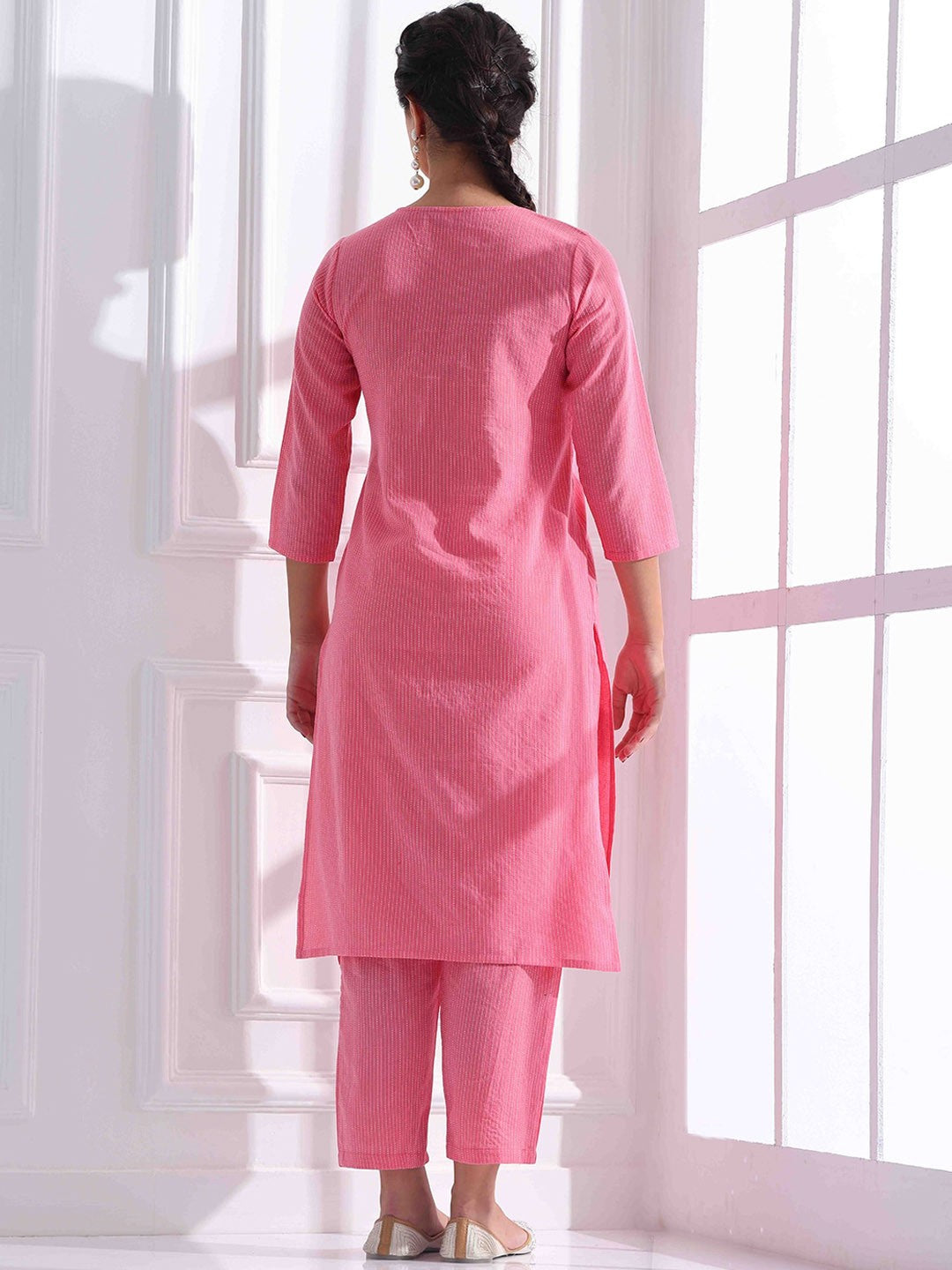 Women Striped Katha Work Pure Cotton Kurta With Pant