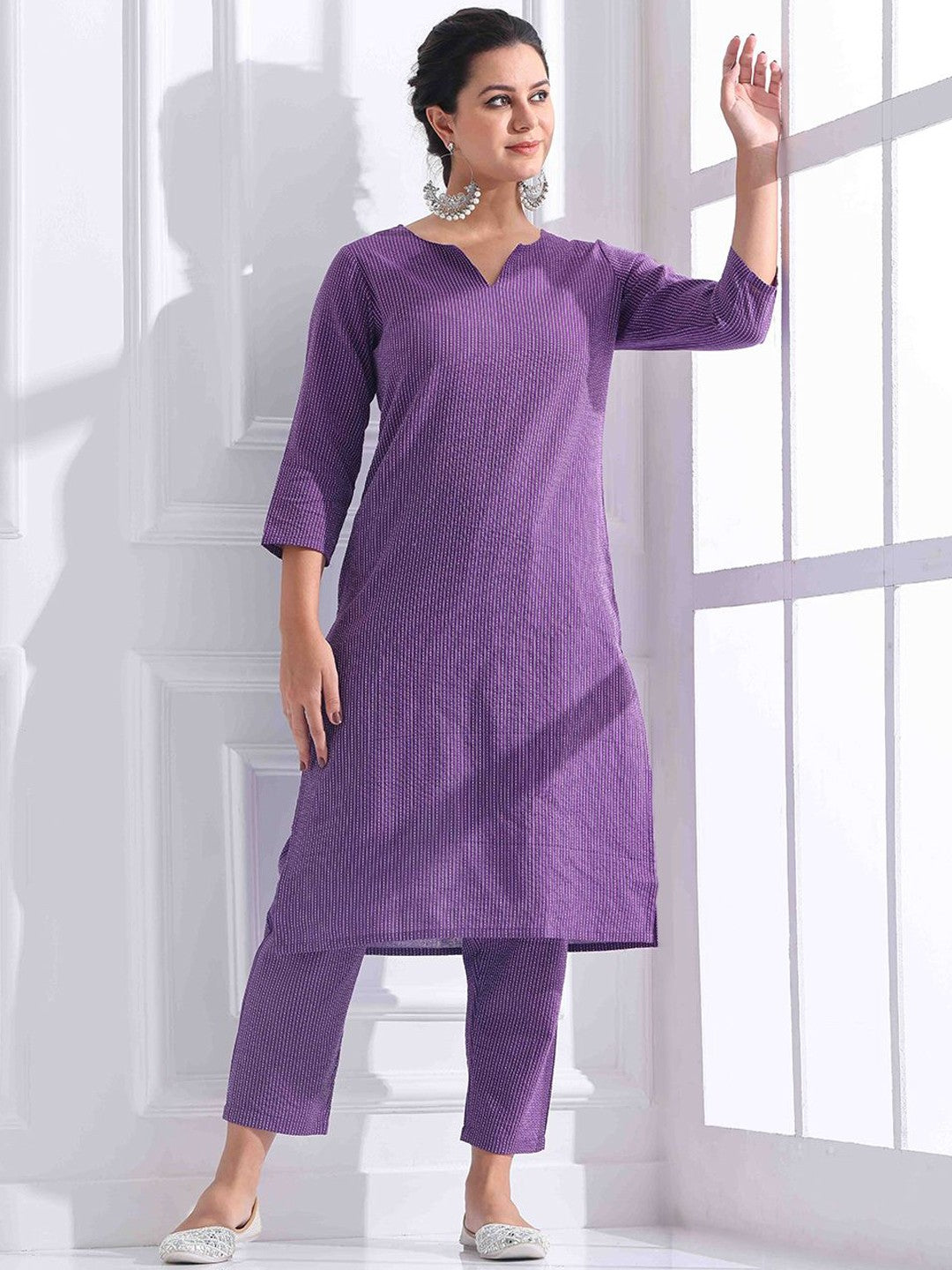 Women Striped Katha Work Pure Cotton Kurta With Pant