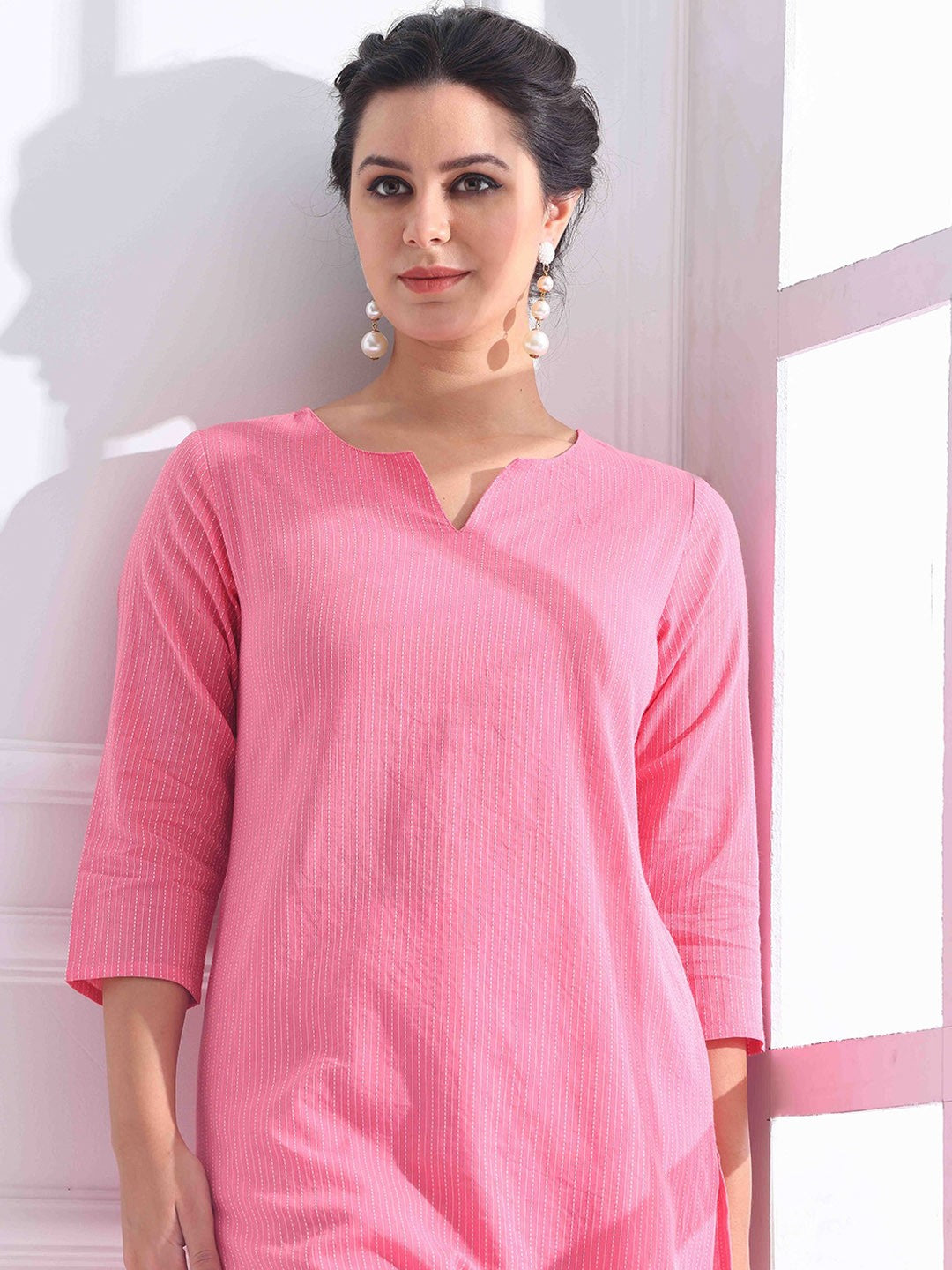 Women Striped Katha Work Pure Cotton Kurta With Pant