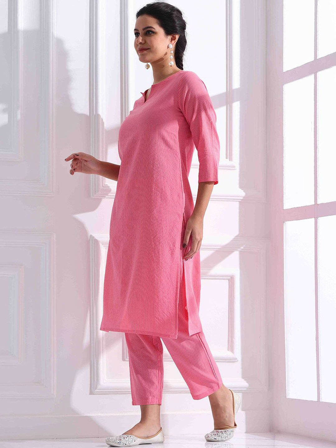 Women Striped Katha Work Pure Cotton Kurta With Pant