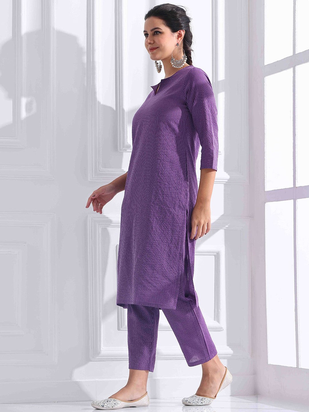 Women Striped Katha Work Pure Cotton Kurta With Pant