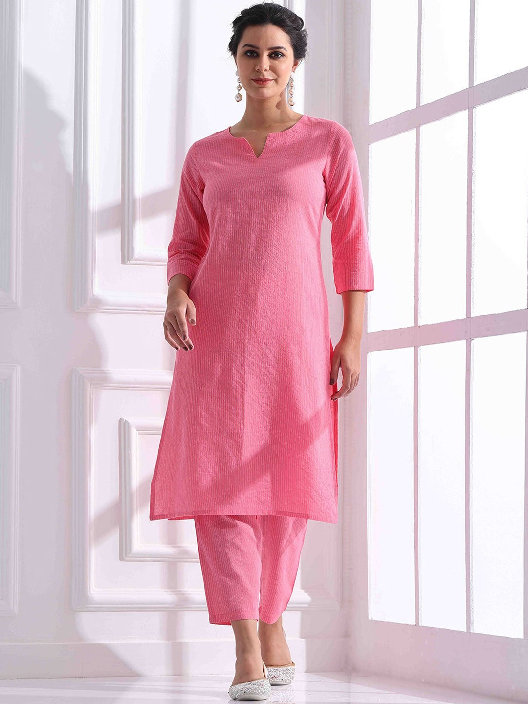 Women Striped Katha Work Pure Cotton Kurta With Pant