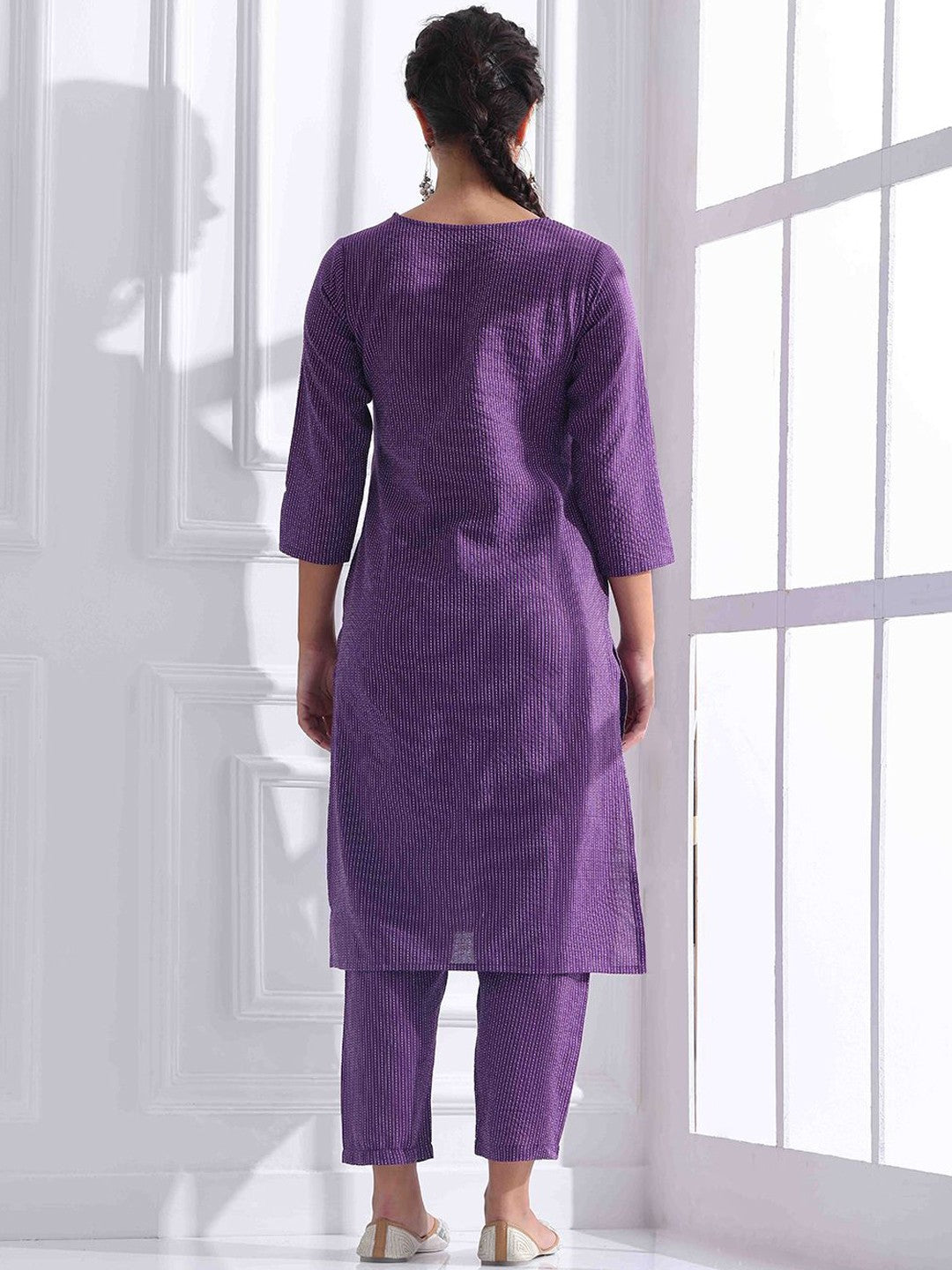 Women Striped Katha Work Pure Cotton Kurta With Pant