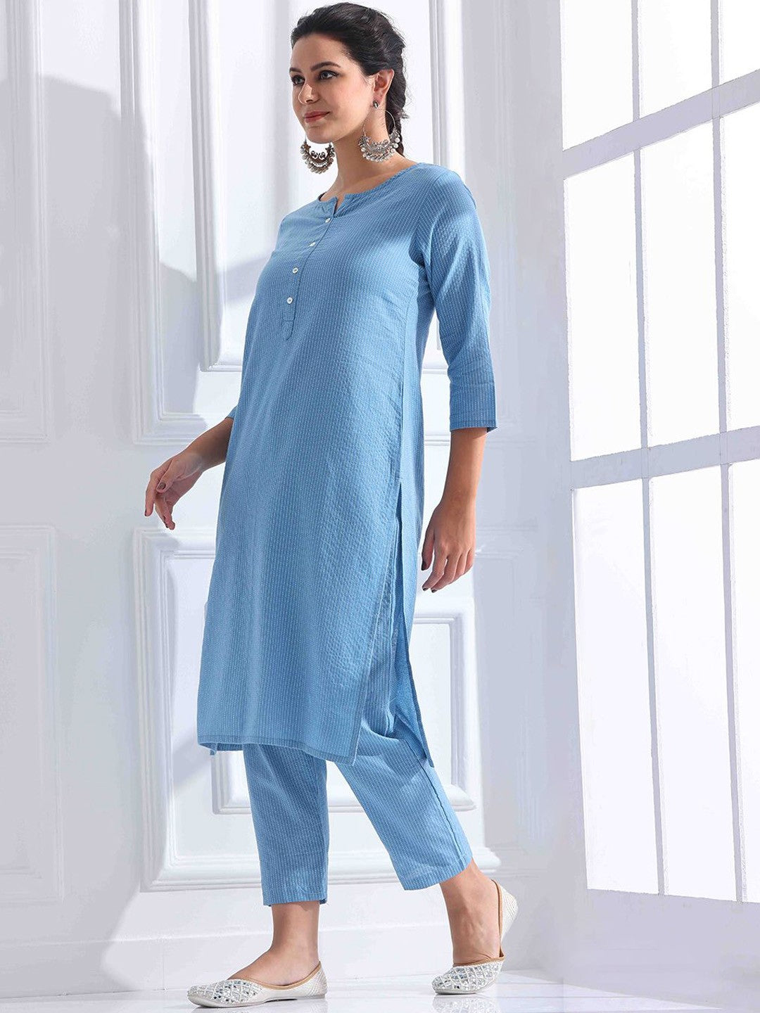 Women Striped Katha Work Pure Cotton Kurta With Pant