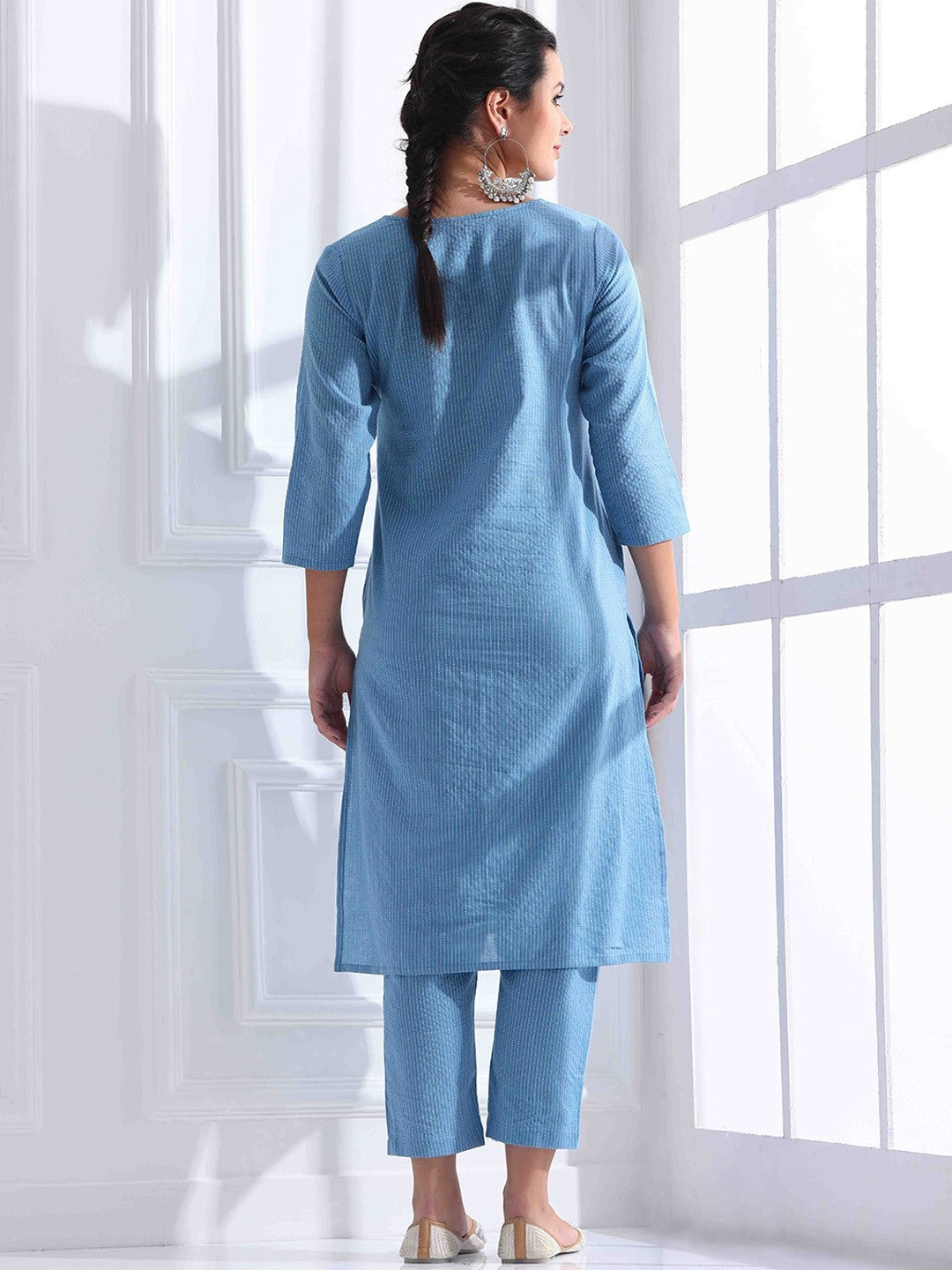 Women Striped Katha Work Pure Cotton Kurta With Pant