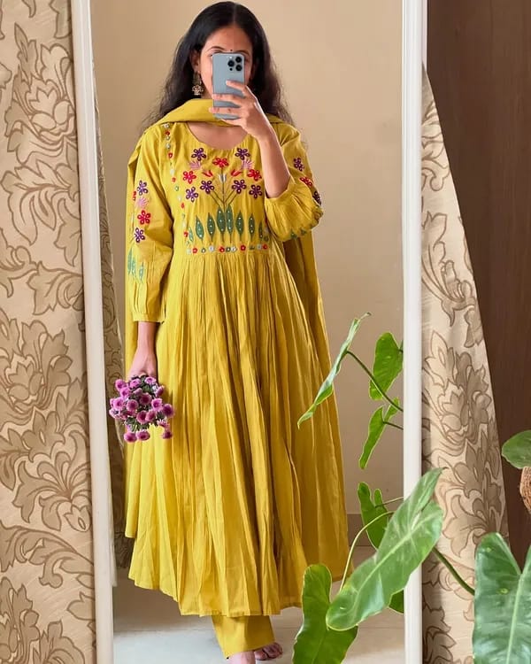 Designer Trending Beautiful Yellow Embroidered 3 Piece Party Wear Anarkali Set