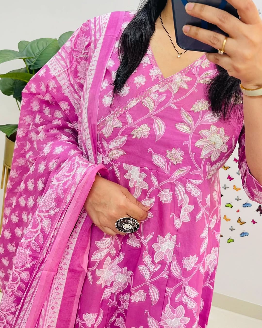 Anarkha Floral Print Cotton Anarkali Kurta Pant And Dupatta Set