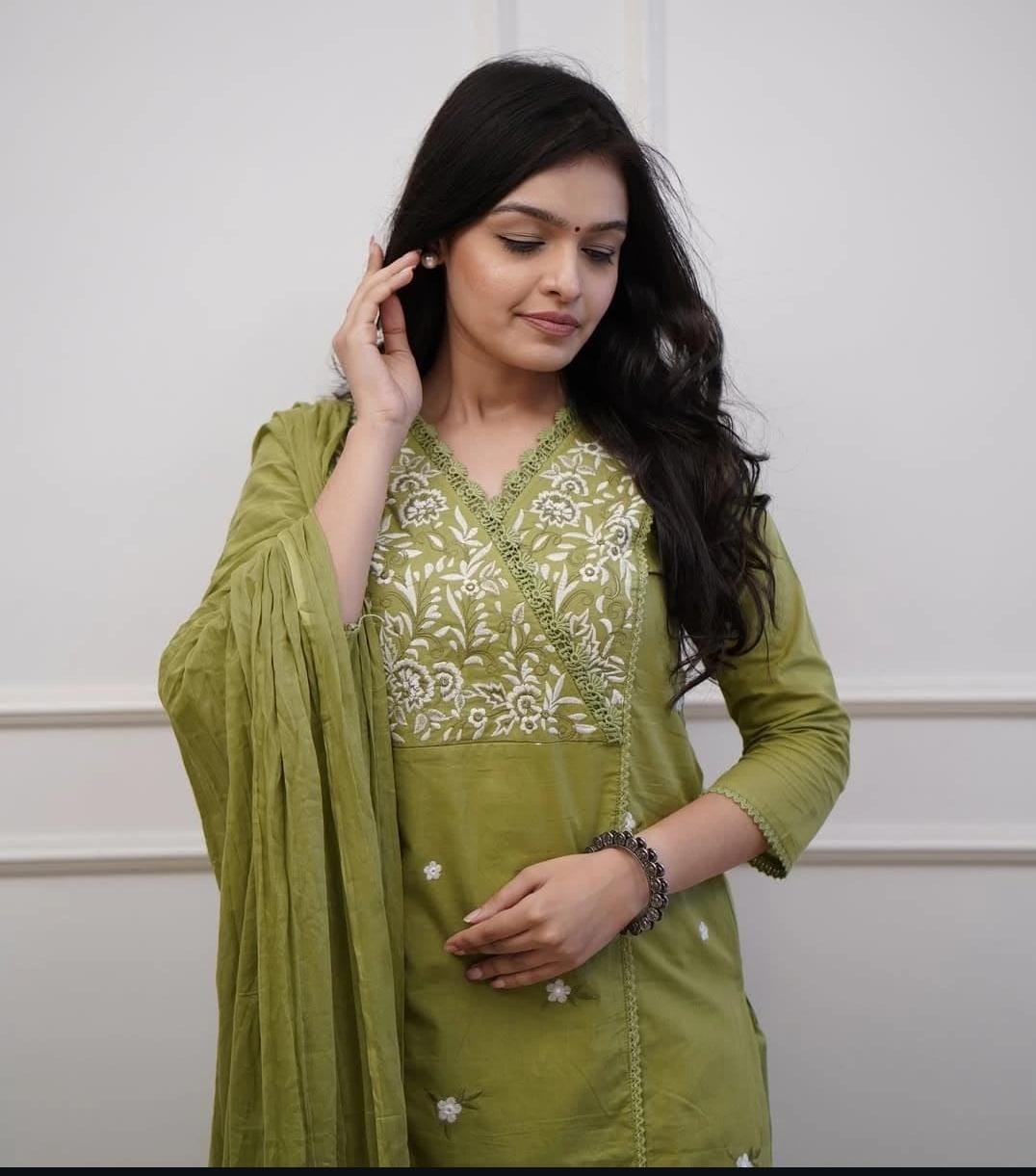 Green Embroidered Kurti Pant With Dupatta Set
