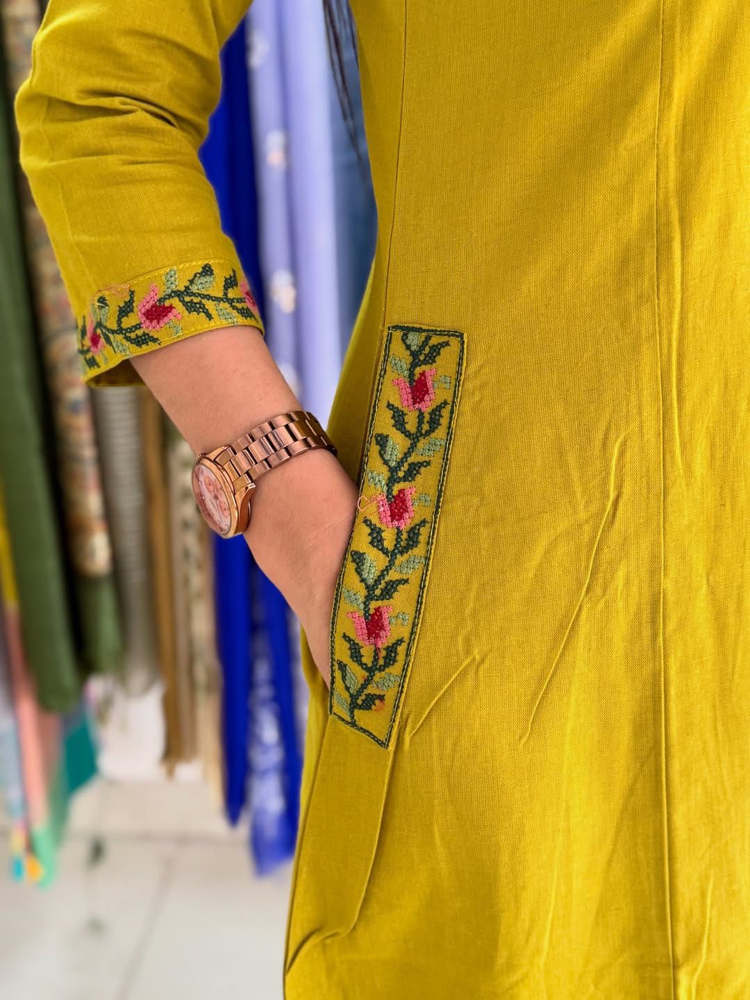 Slub Cotton Embroidered Kurta with Straight Pant