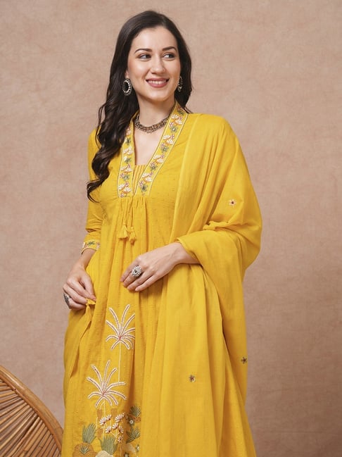 Solid Floral Embroidered A-Line Paneled Kurta With Pant & Dupatta - Yellow