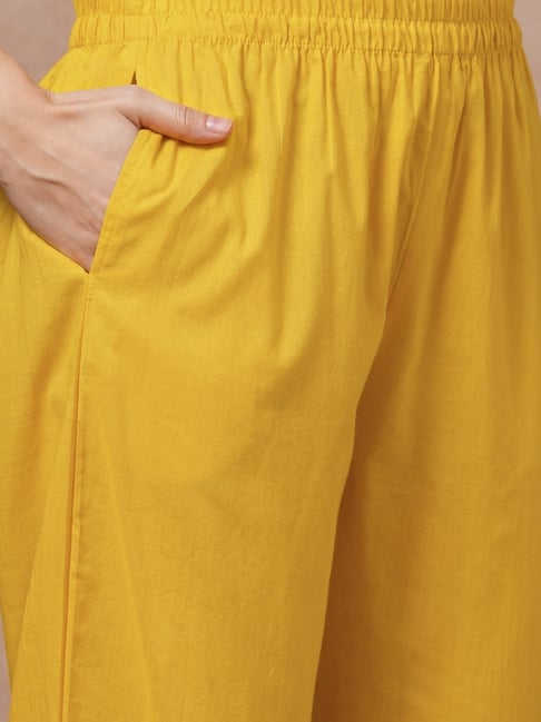 Solid Floral Embroidered A-Line Paneled Kurta With Pant & Dupatta - Yellow