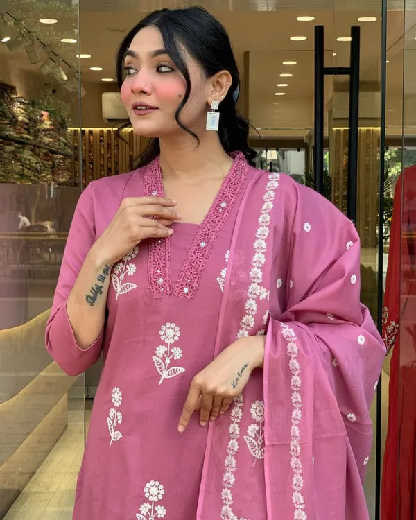 Women Pink Design Cotton Straight Suit With Dupatta Set