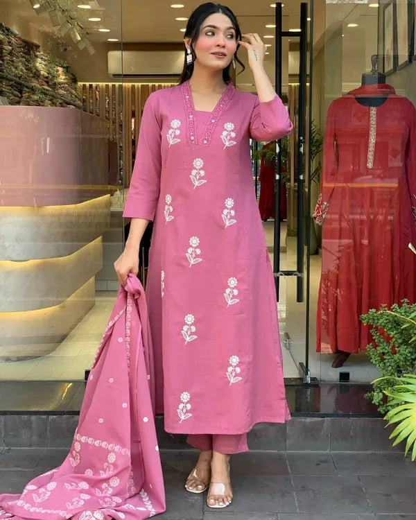 Women Pink Design Cotton Straight Suit With Dupatta Set