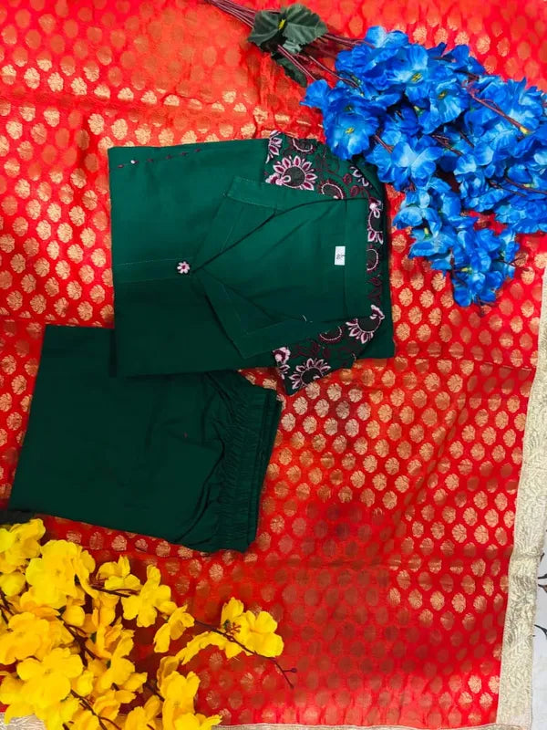 Dark Green Cotton Straight Kurta Plaza Set