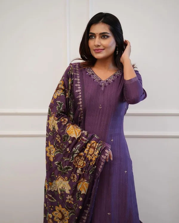 Purple Embroider and Zari Work Cotton Straight Suit Set with Heavy Silk Dupatta