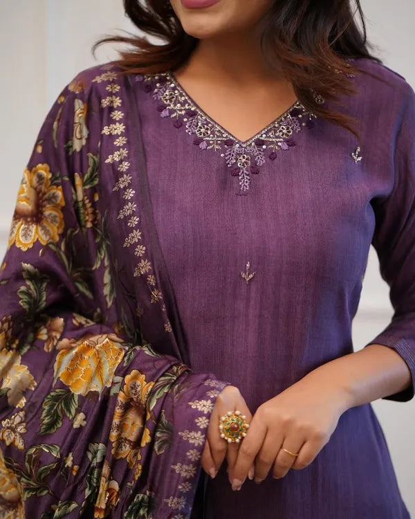 Purple Embroider and Zari Work Cotton Straight Suit Set with Heavy Silk Dupatta