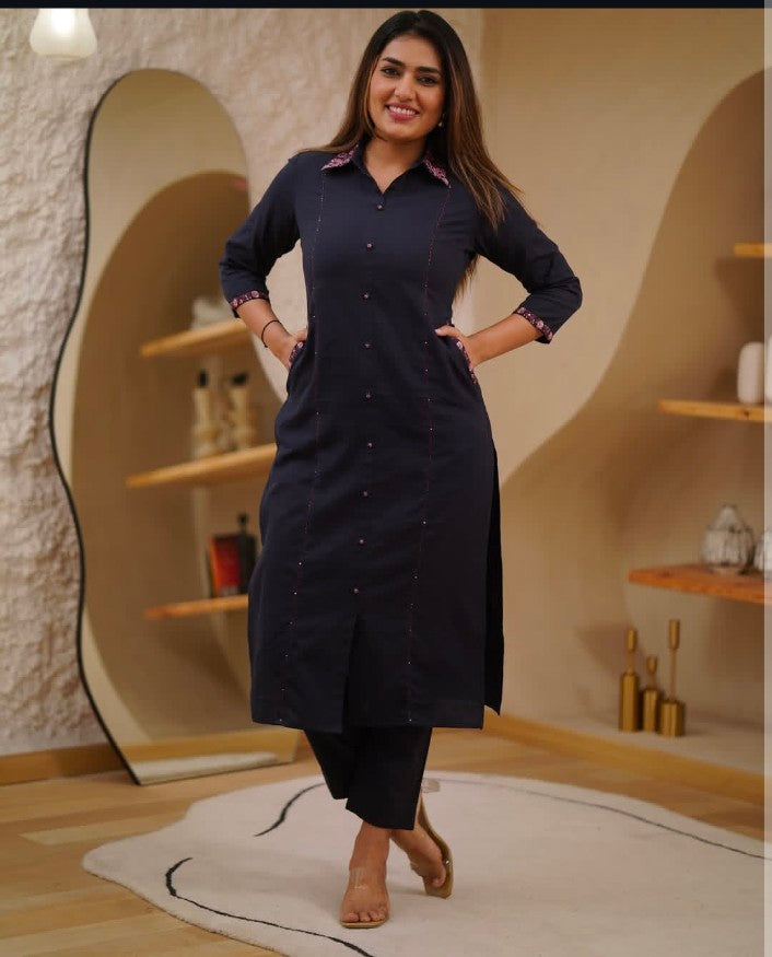 Dark Purple Cotton Straight Kurta Plaza Set