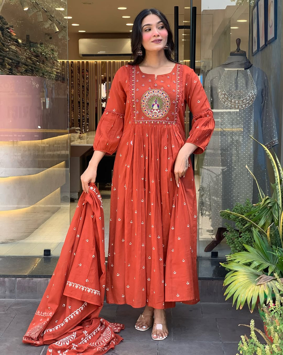 Latest And Trending Cotton Printed Anarkali And Pant With Dupatta Set (Light Red )