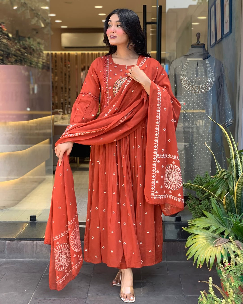 Latest And Trending Cotton Printed Anarkali And Pant With Dupatta Set (Light Red )