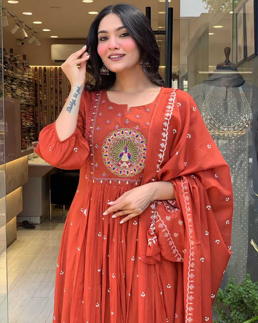 Latest And Trending Cotton Printed Anarkali And Pant With Dupatta Set (Light Red )