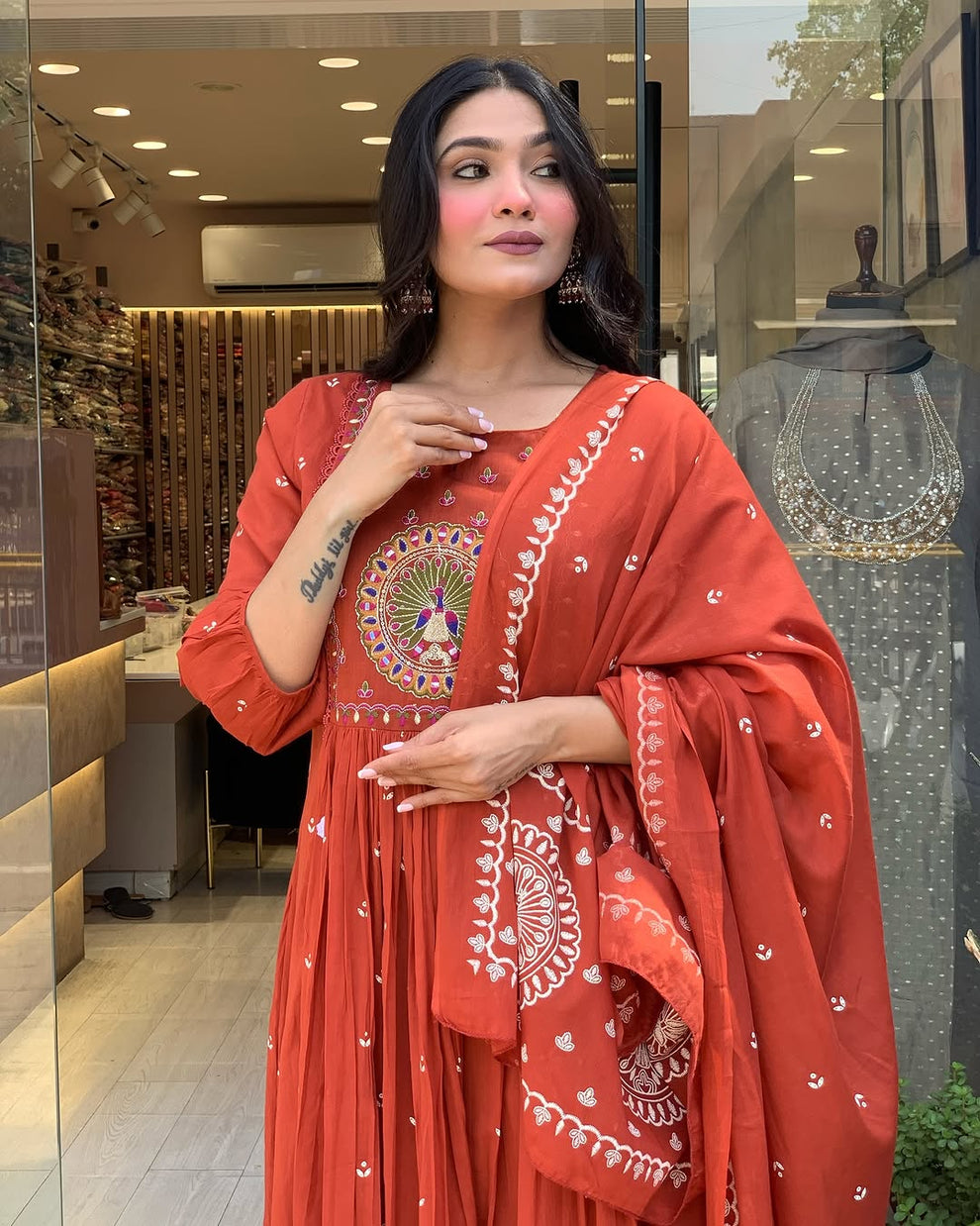 Latest And Trending Cotton Printed Anarkali And Pant With Dupatta Set (Light Red )