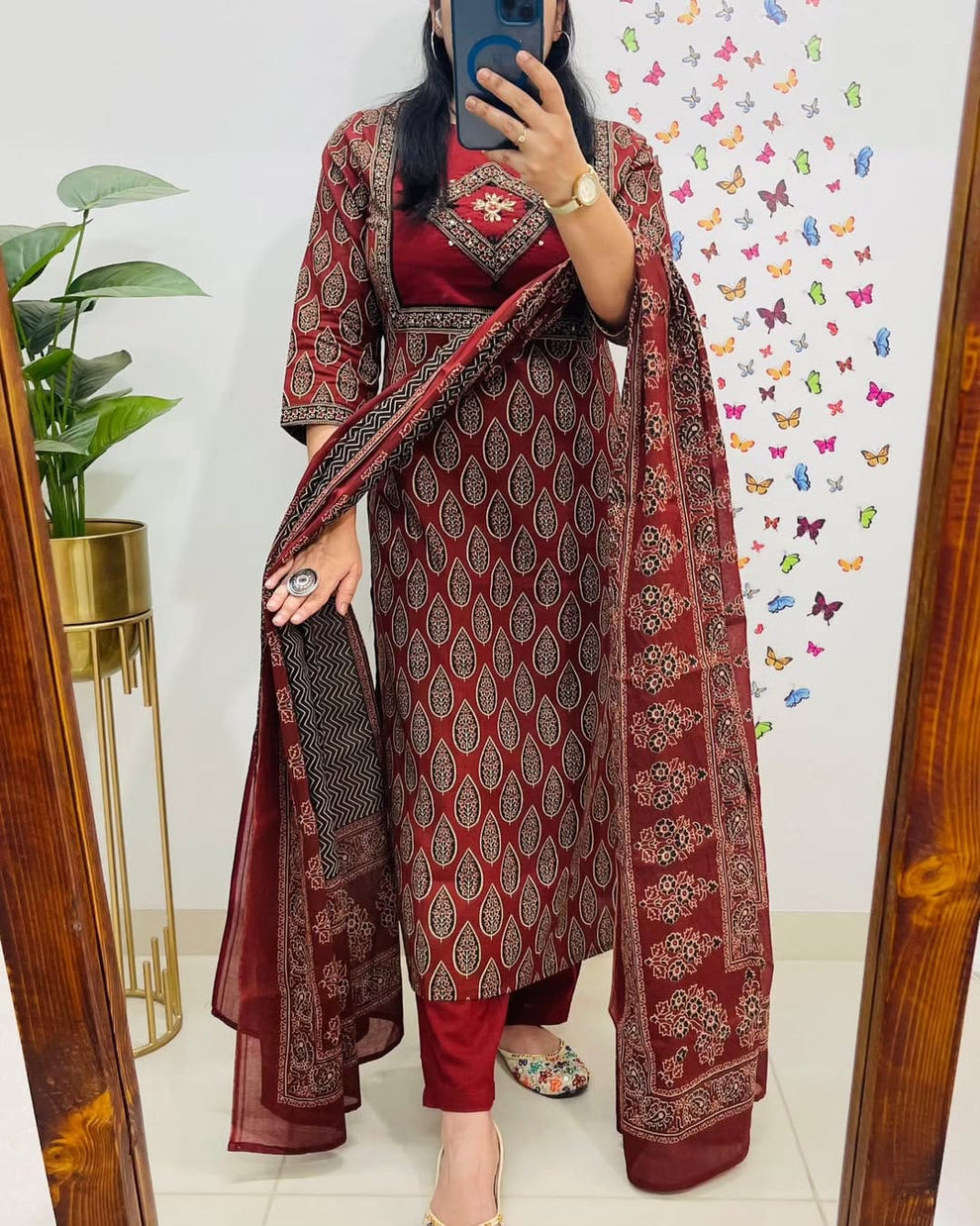 Bagru Kalamkari Printed Maroon Cotton Kurta And Pant With Dupatta Set