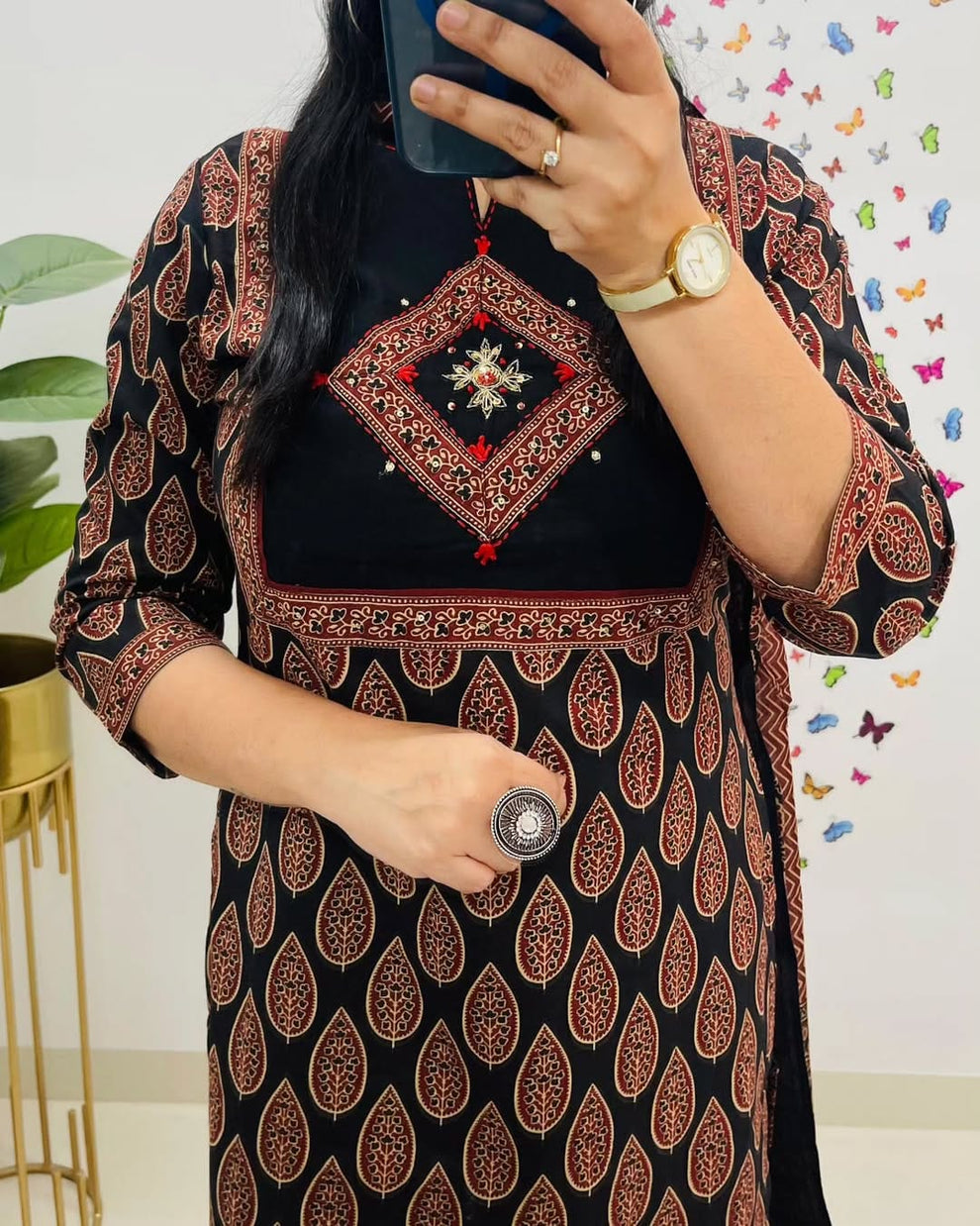 Bagru Kalamkari Printed Cotton Black Kurta And Pant With Dupatta Set