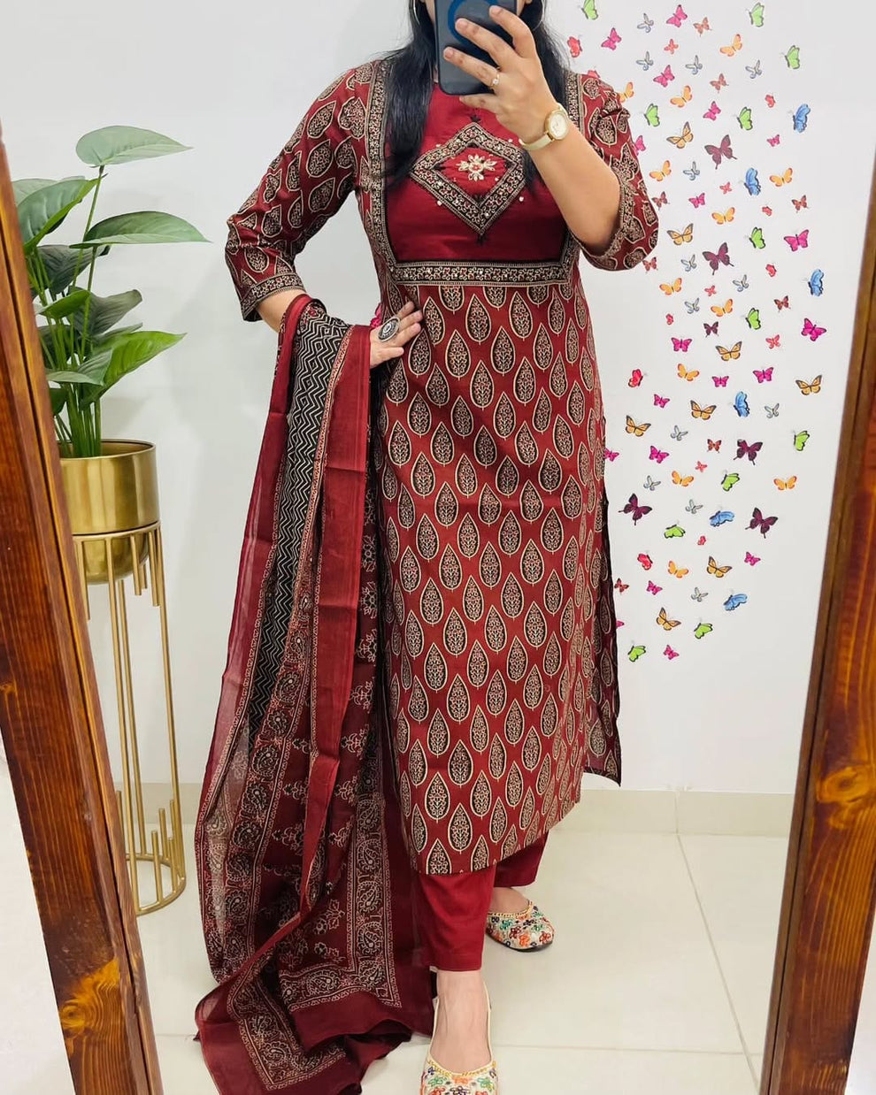 Bagru Kalamkari Printed Maroon Cotton Kurta And Pant With Dupatta Set