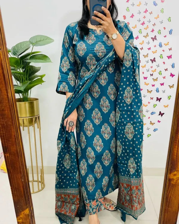 Traditional Cotton Embroidered Blue Kurta Pant Set With Dupatta