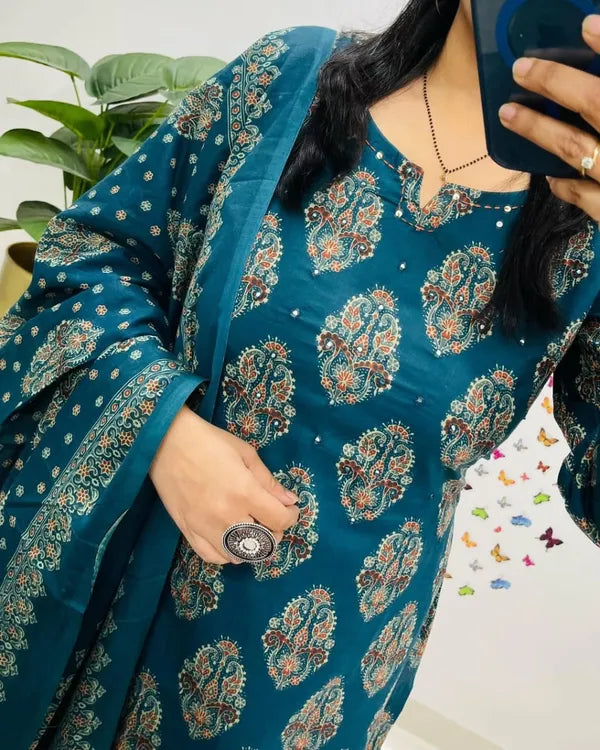 Traditional Cotton Embroidered Blue Kurta Pant Set With Dupatta