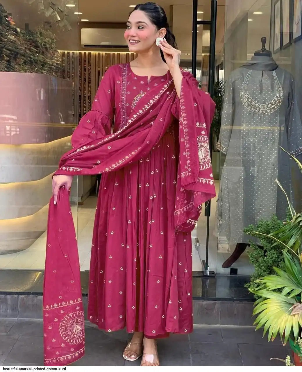 Latest And Trending Cotton Printed Anarkali And Pant With Dupatta Set ( Pink )