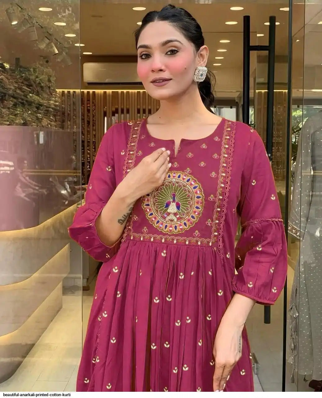 Latest And Trending Cotton Printed Anarkali And Pant With Dupatta Set ( Pink )