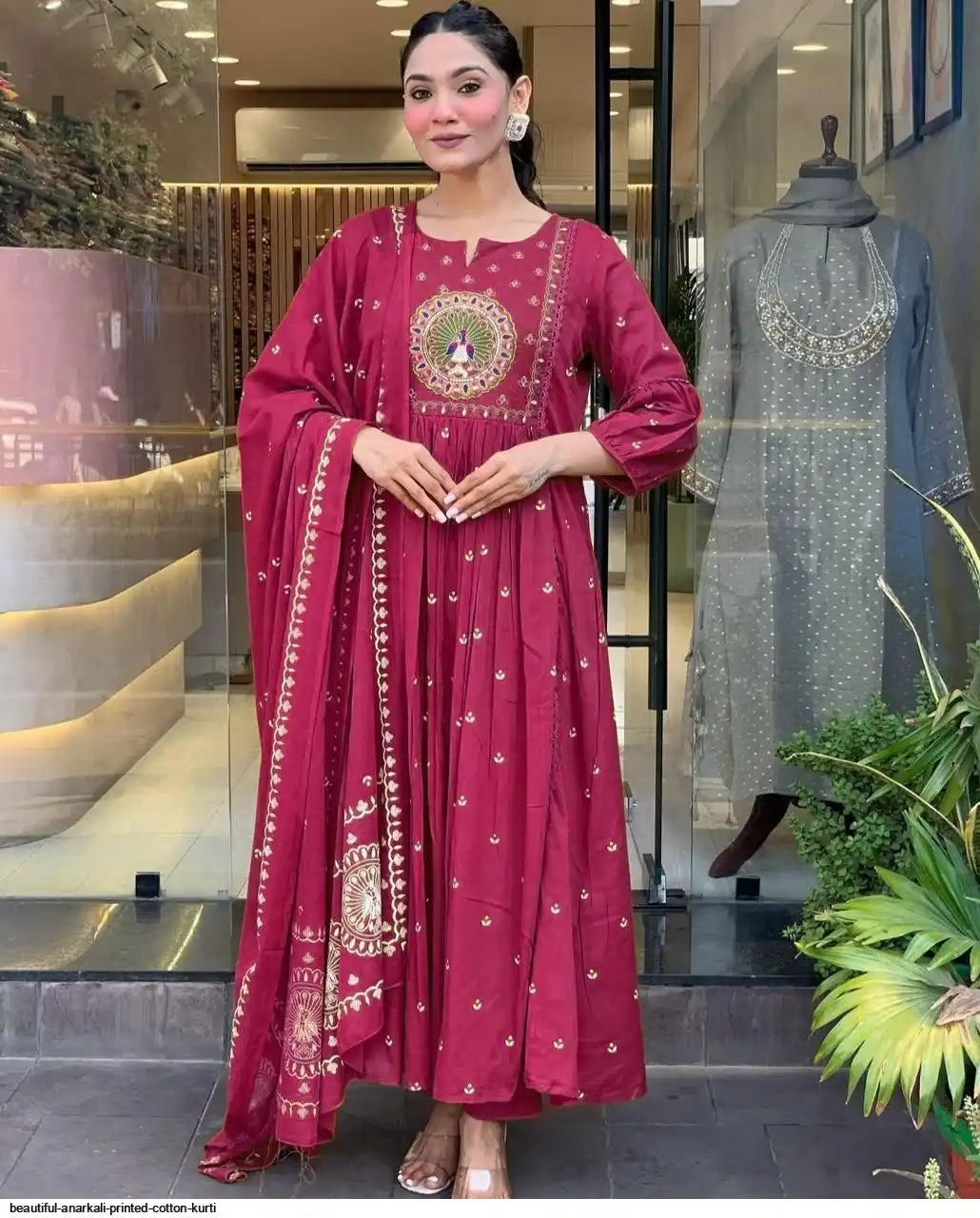 Latest And Trending Cotton Printed Anarkali And Pant With Dupatta Set ( Pink )