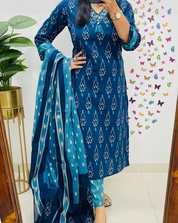 Pure Cotton Discharge Print Suit With Heavy Handwork ( Blue )