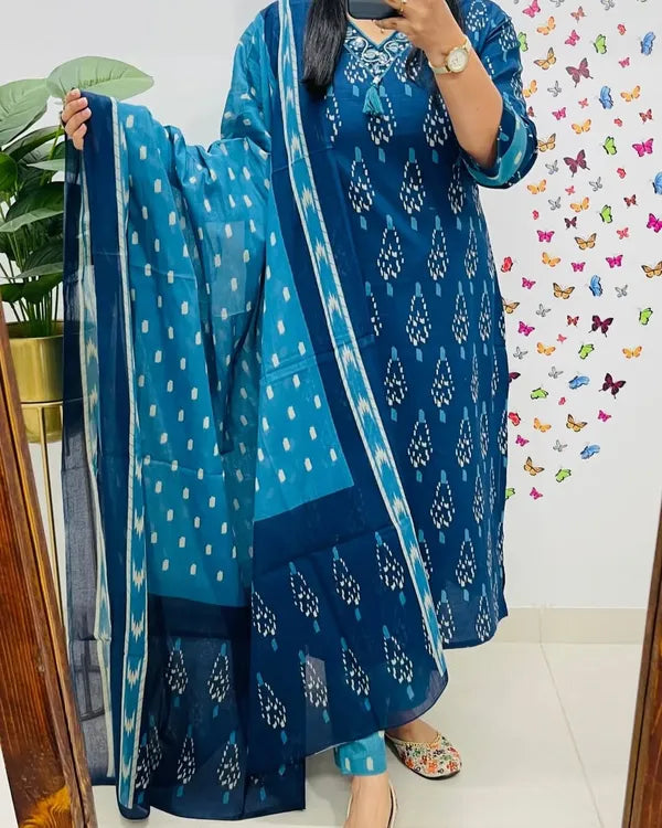 Pure Cotton Discharge Print Suit With Heavy Handwork ( Blue )
